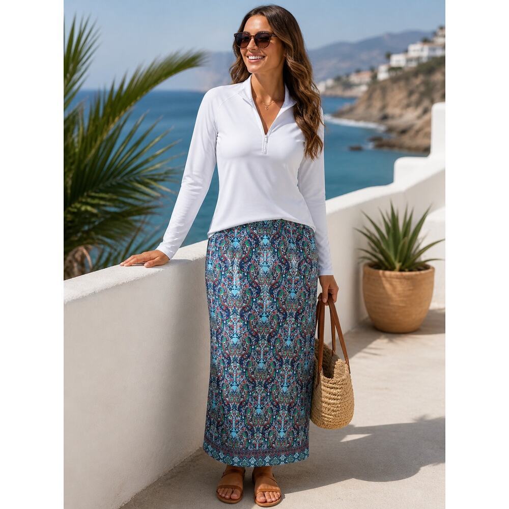 Coolibar Paisley Print  UPF 50+ High Waisted Cover-Up Skirt Blue Multi Women's S